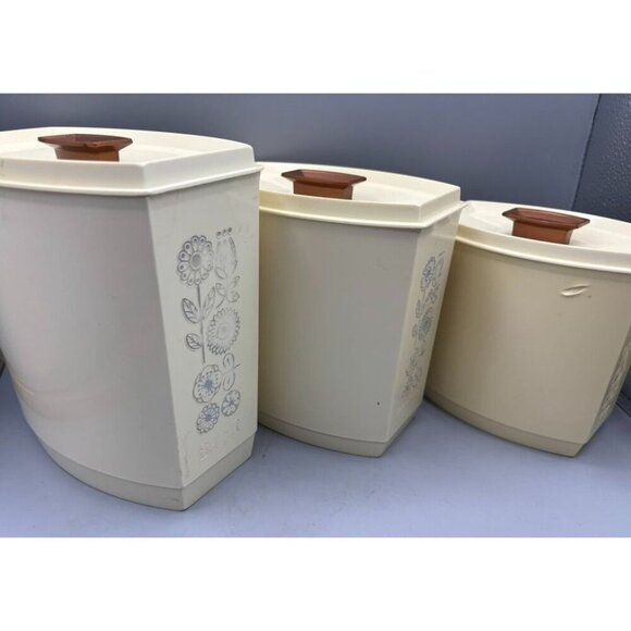 Vintage 1970s Lustroware 3 Pc Canister Set Plastic Floral Beige Nesting - Picture 7 of 11